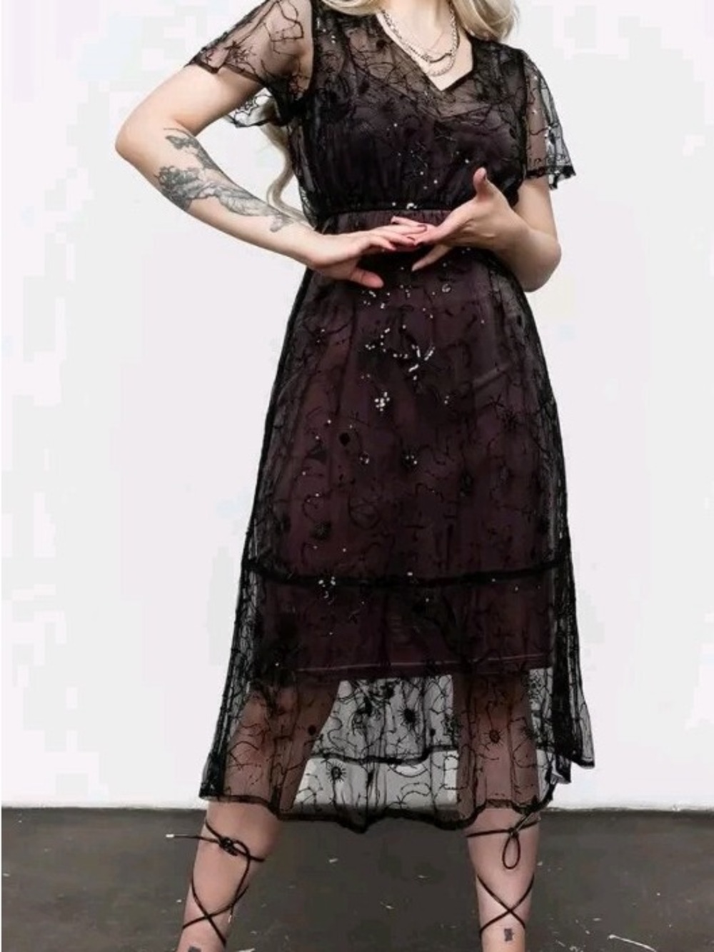 NWT Disturbia Lune Sequined Velvet Sheer Overlay Midi Dress